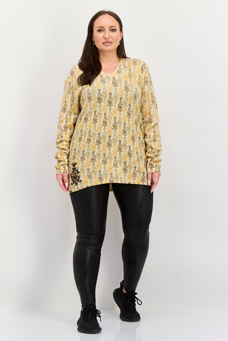 CHRISTIAN AUDIGIER Women V Neck Long Sleeve Allover Print Sweater, Off White Combo - Image 2